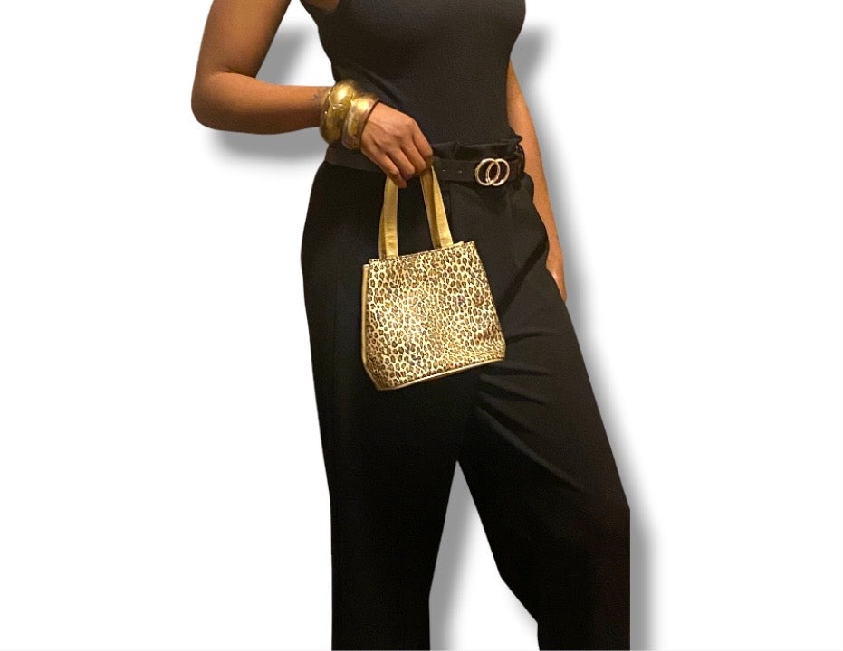 Gold and leopard handbag